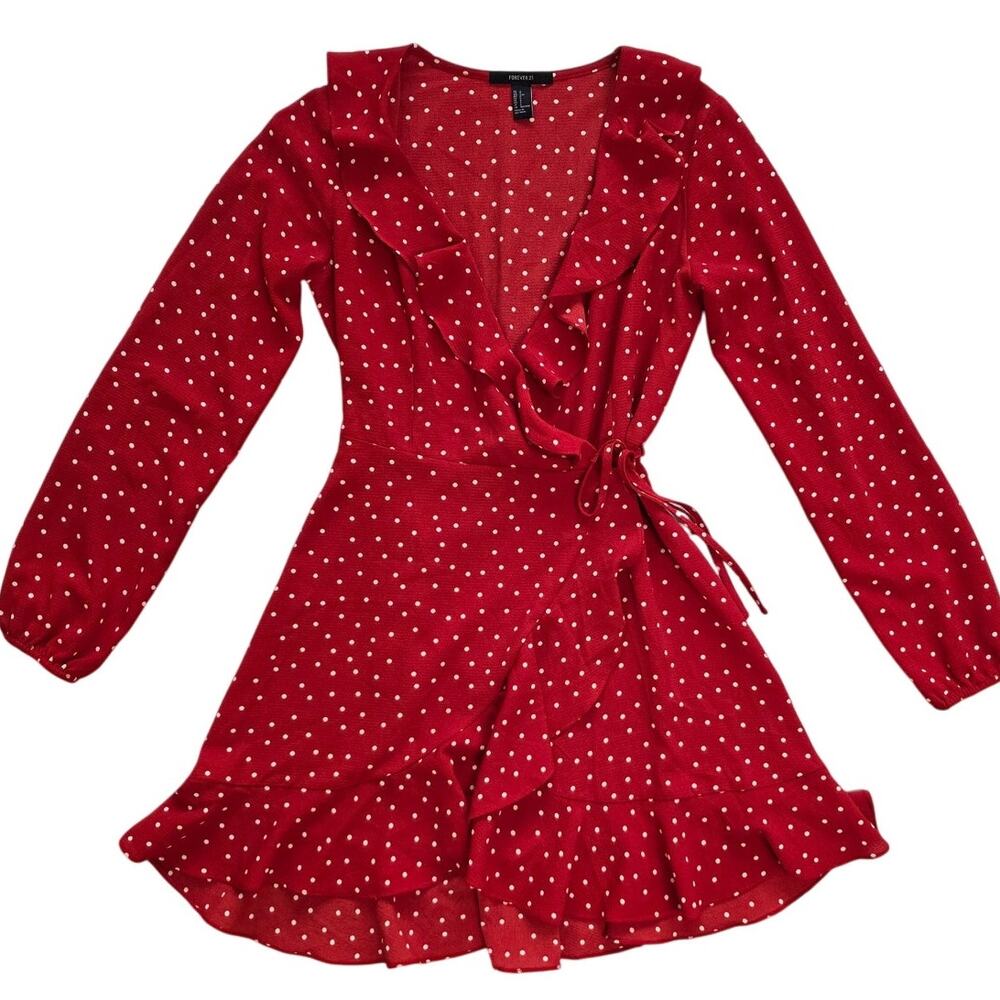 FOREVER 21 Dark Red Polka Dot Ruffle Wrap Dress